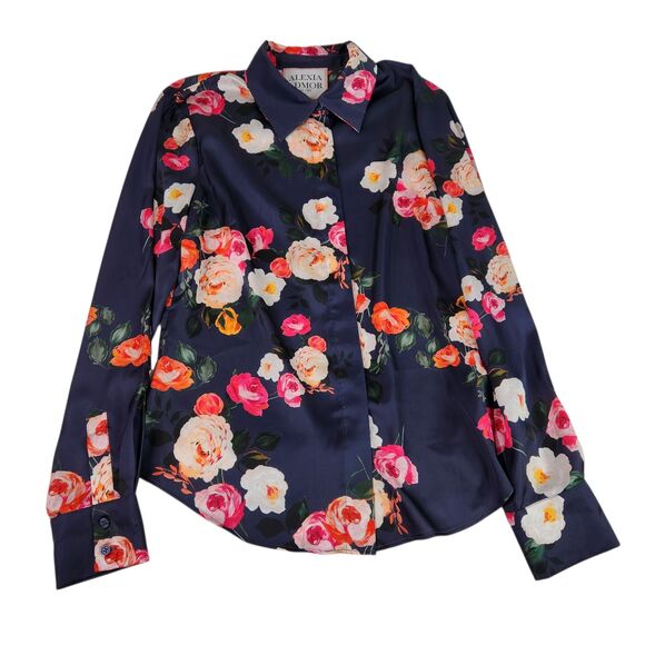 ALEXIA ADMOR Shirt Womens 8 Blue Cassidy Floral Button Long Sleeve Blouse Top - Picture 1 of 13
